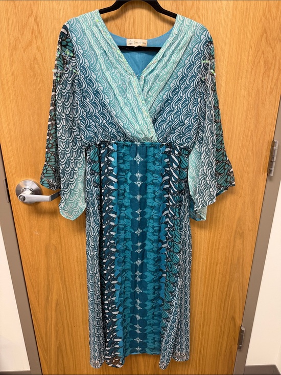 Jorge Perez Dresses & Skirts - Blue Teal Mixed Patterned V-Neck Resortwear Maxi Dress with Sequin Details